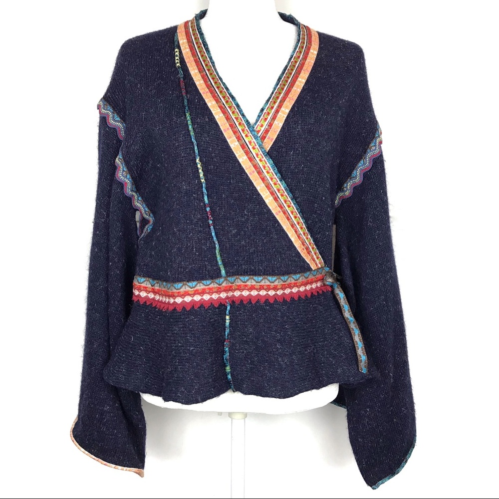 Anthropologie Dark Blue Sweater with Colorful Trim
